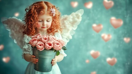 Wall Mural - Adorable angelic girl with red curly hair holding a bucket of pink roses surrounded by floating hearts with copy space 