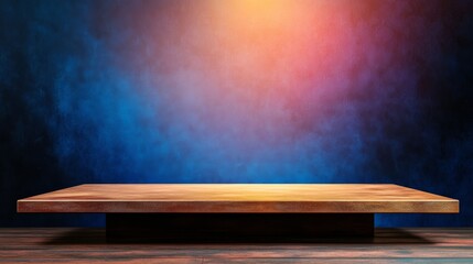 Aufkleber - A sleek metallic pedestal is softly lit in a studio against a textured deep blue background, creating a luxurious atmosphere with ample copy space
