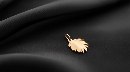 Fototapete - Close-up view of a golden lion pendant positioned on black velvet, emphasizing its detailed design and polished finish, with space for promotional text