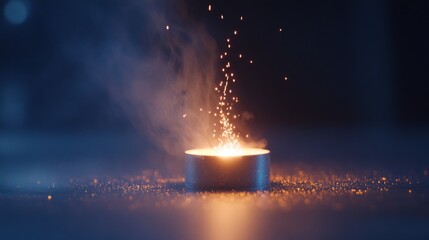 Leinwandbilder - A single glowing coal emits tiny sparks into the air, surrounded by dark ambiance and faint smoke, creating a captivating atmosphere ideal for creative projects