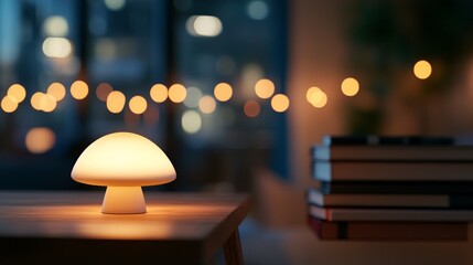 Leinwandbilder - A sleek white mushroom lamp casts a warm glow on a wooden side table, creating a tranquil atmosphere among blurred books and greenery in the background