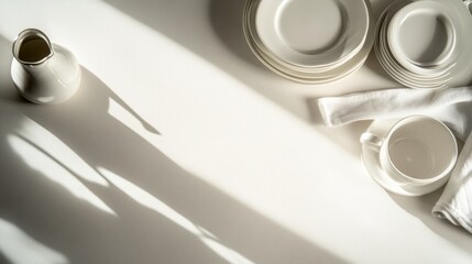 Aufkleber - Artfully arranged white porcelain teacup, plates, and vase on a pale cream backdrop, showcasing an elegant and minimalist aesthetic ideal for commercial use