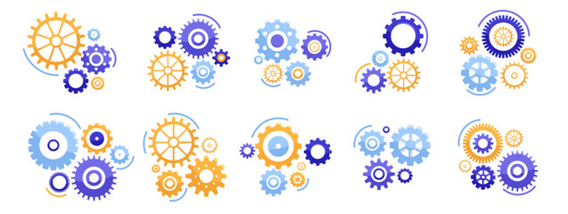 Various blue and orange interlocking gears on a white background, representing teamwork, mechanics, and collaboration. Vector illustration