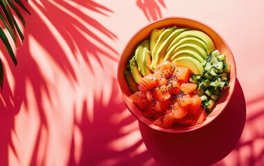 A fresh poke bowl with salmon, avocado, and colorful vegetables on a neon pink studio backdrop