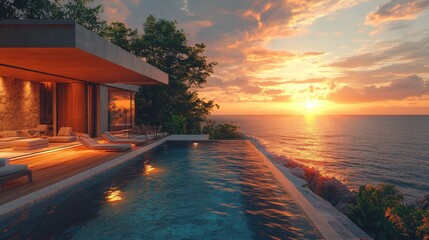 Poster - A luxurious villa showcases a breathtaking sunset over the ocean, with soft glimmers reflecting off the infinity pool. Cozy lounge chairs invite relaxation amidst this serene atmosphere.