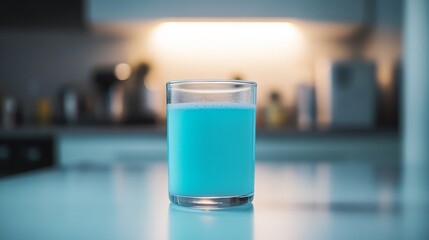 Aufkleber - A single glass beaker holds a bright blue liquid, glowing softly under dim laboratory lights, with ample copy space on the right for text or design elements