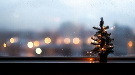 Poster - A small, beautifully decorated Christmas tree sits on a windowsill while soft snowflakes fall outside, creating a warm and inviting winter atmosphere