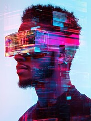 cyberspace, augmented reality, big data, technology and people - man in 3d glasses with virtual glit