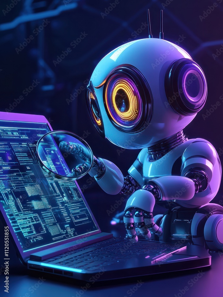 Developers, robot work at laptop with magnifier. Industrial ...