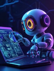 developers, robot work at laptop with magnifier. industrial cybersecurity, industrial robotics malwa