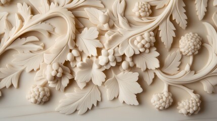 Aufkleber - Close-up view of a decorative marble panel with detailed white floral carvings. Soft natural light highlights the craftsmanship and shadows create depth
