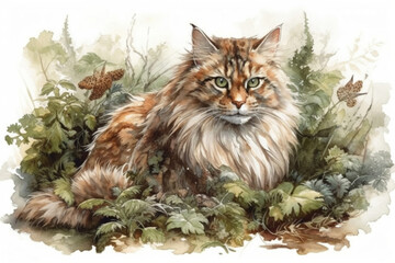 Wall Mural - Norwegian Forest Cat in the forest., watercolor style,  