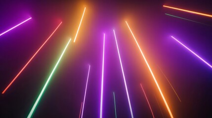 Fototapete - Intersecting neon light beams in shades of purple, green, and yellow create sharp angles against a dark background. Copy space is available on the left side