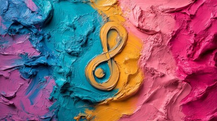 Poster - Close-up of a treble clef symbol amidst bright swirls of paint on canvas showcases energy and movement, ideal for artistic projects requiring bold visuals