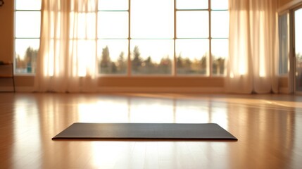 Poster - A serene yoga studio features a single black mat on shining wooden floors, illuminated by sunlight through large glass windows, creating a peaceful atmosphere