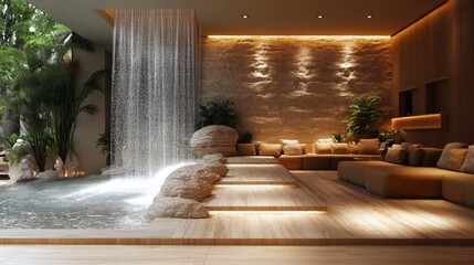 Poster - A serene indoor space designed for relaxation, showcasing a waterfall feature, warm lighting, and plush seating surrounded by greenery. Ideal for unwinding and rejuvenation.