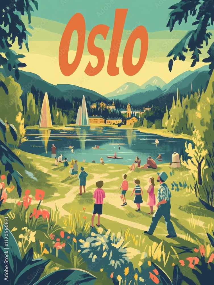 Families and friends gather near a serene lake in Oslo, surrounded by greenery and colorful flowers.