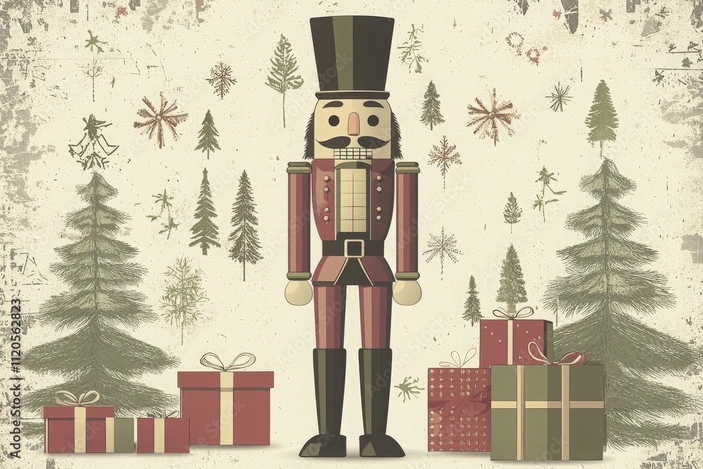 A colorful nutcracker stands tall in a seasonal setting, surrounded by wrapped presents and evergreen trees.