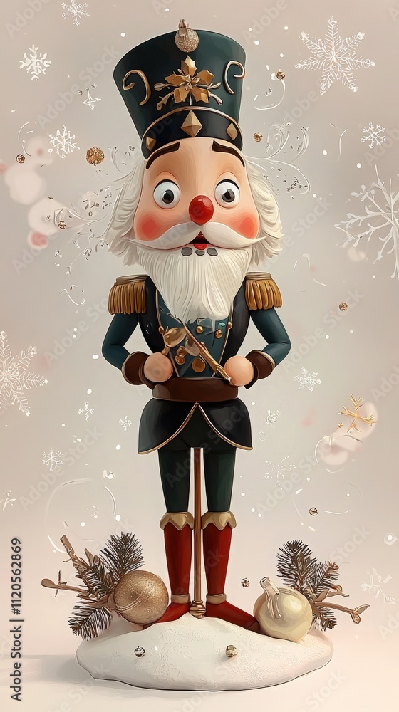 A colorful nutcracker figure holds a toy sword, surrounded by snowflakes and holiday decorations. It embodies the festive spirit of winter and captures the joy of the season.