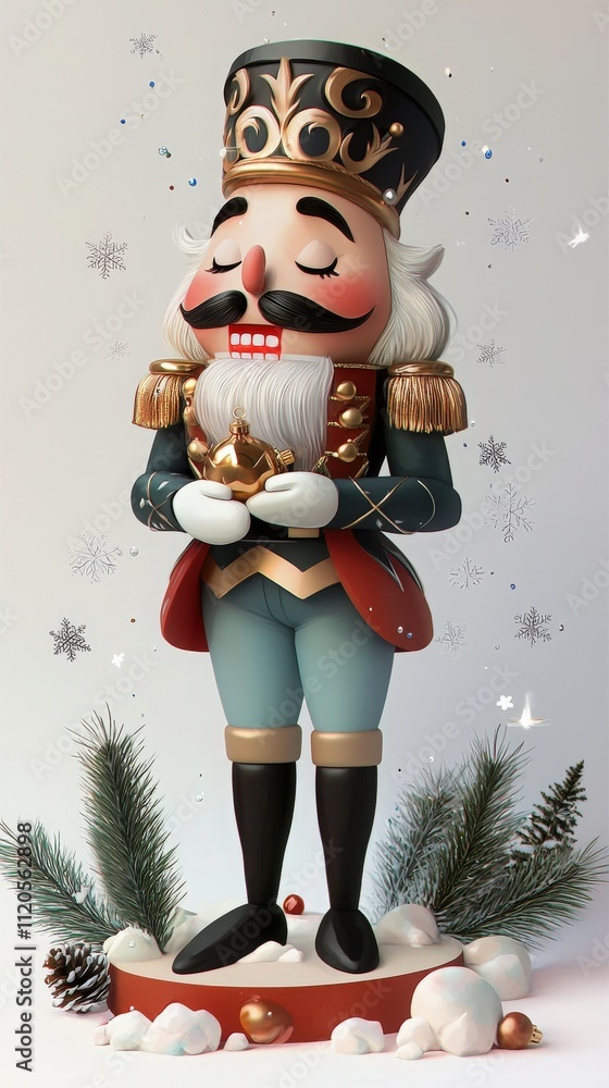 A detailed nutcracker figurine dressed in a royal uniform holds a small toy. Winter decorations like pine branches and snowflakes create a festive atmosphere in the background.