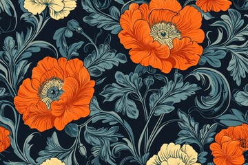 Canvas Print - Vibrant floral pattern featuring large orange and cream flowers against a dark blue background, emphasizing intricate botanical elements.