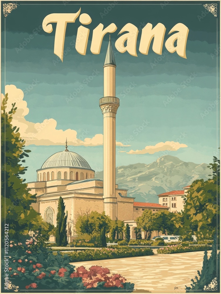 Tirana showcases its stunning architecture with a prominent mosque and minaret set against a backdrop of mountains.