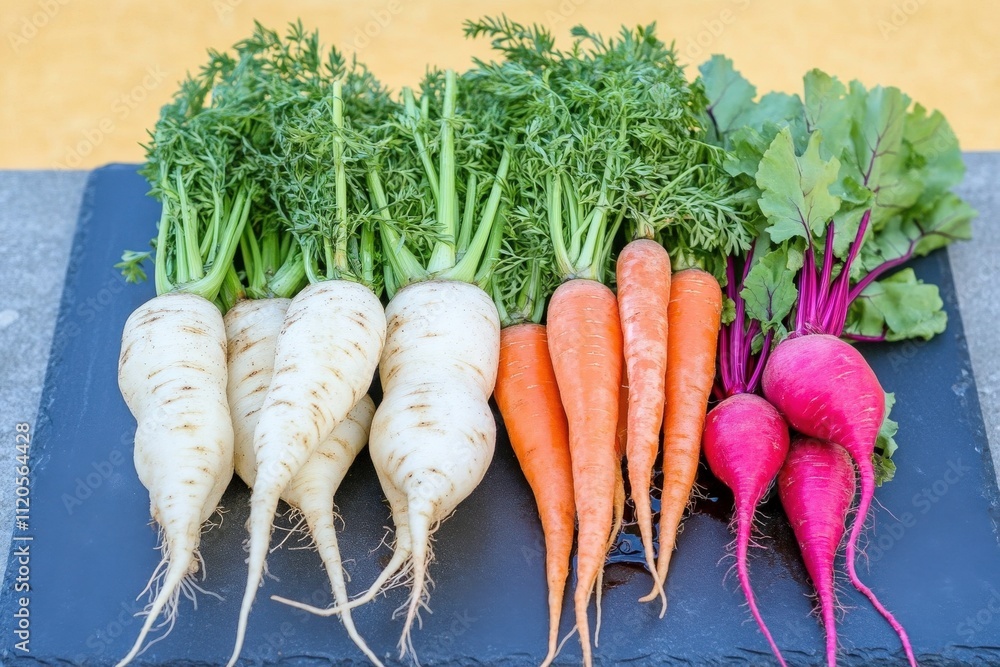 A selection of fresh root vegetables showcases white radishes, orange carrots, and purple radishes on a dark slate surface. The arrangement highlights their crisp greens and vibrant colors.