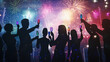 © Ahmed - Silhouetted figures joyfully celebrate with champagne flutes against a vibrant fireworks display. New Years Eve festivity and jubilation are depicted