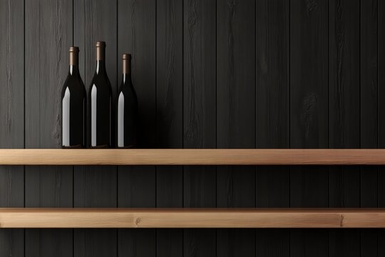 Three wine bottles are on a shelf with a wooden shelf