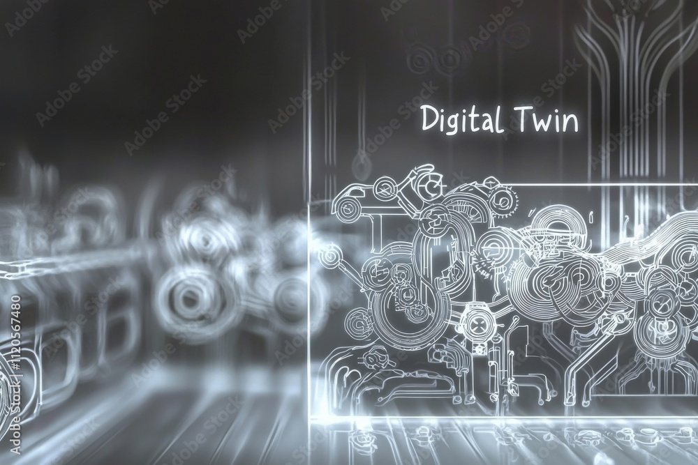 A digital representation showcases the concept of digital twins, highlighting circuits and abstract shapes against a sleek background.