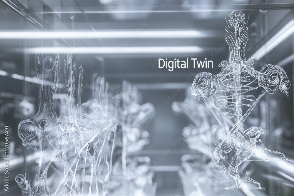 A series of transparent sculptures representing digital twin technology displayed in a sleek exhibition environment.