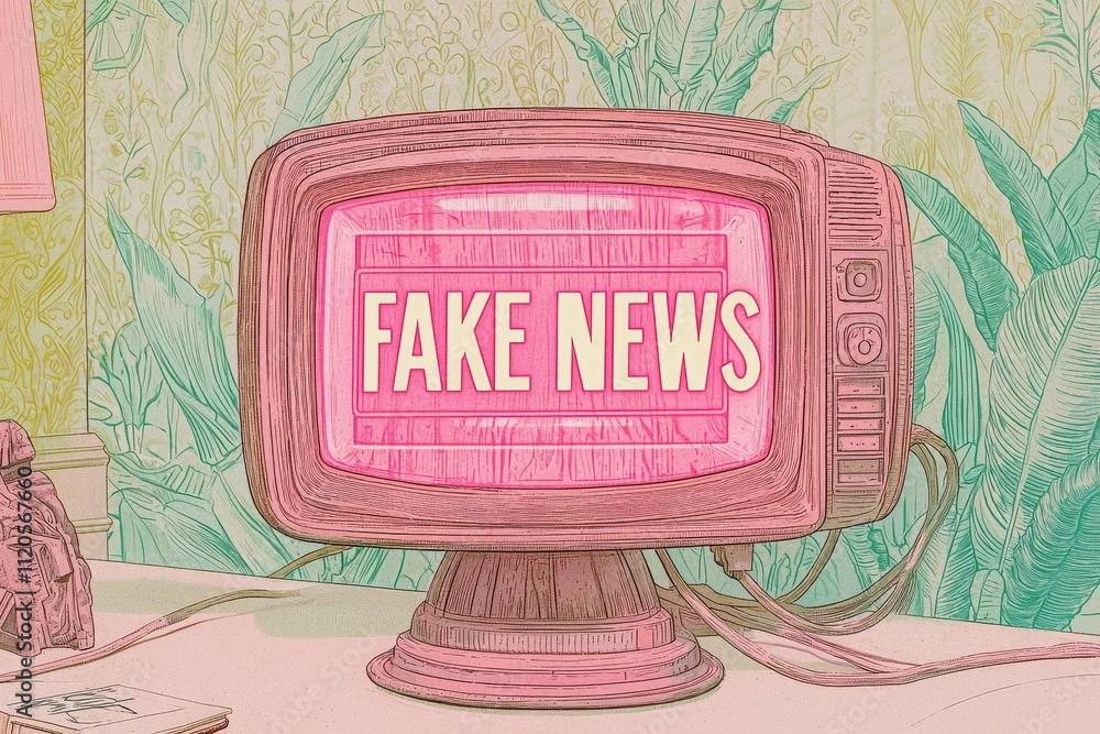 A retro television set showcases the words FAKE NEWS prominently on its screen.