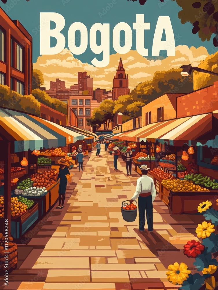 Colorful market stalls line a lively street in Bogota, filled with fresh fruits and vegetables.