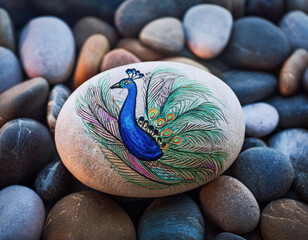 Wall Mural - A smooth white stone features a hand-painted blue peacock design resting among natural gray beach pebbles.