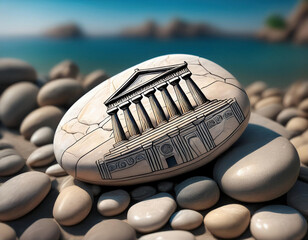 Wall Mural - A detailed drawing of the Parthenon is etched on a white stone that sits among smooth beach pebbles with the turquoise Mediterranean Sea in the background.