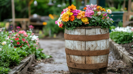 Poster - Sustainability, A rustic wooden barrel planter brimming with vibrant flowers, set against a lush garden backdrop, creating a charming outdoor atmosphere.