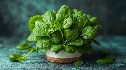 Wall Mural - Fresh green spinach leaves in a bowl on rustic background