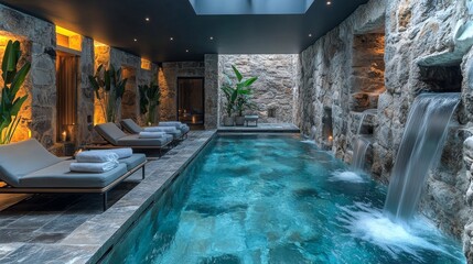 Poster - A tranquil indoor spa showcases a stunning pool surrounded by natural stone walls. Relaxation loungers invite guests to unwind while soft water flows from decorative waterfalls.