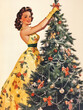 © mrs. McFly - Retro style 1950s Christmas poster, woman in yellow dress decorating a Christmas tree. Vintage Christmas poster showing a pin-up style girl decorating a Christmas tree