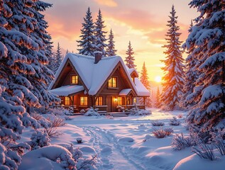 Poster - Cozy cabin in a snowy forest at sunset