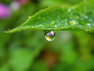 Fototapete - Dew drop on a green leaf