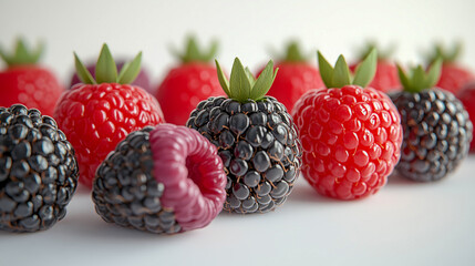 Canvas Print - Close-up of juicy blackberries and raspberries with leaves