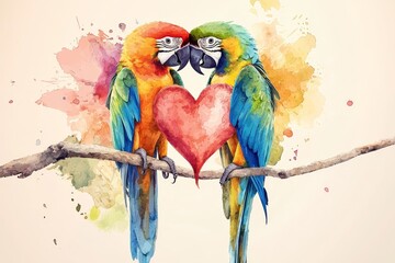 Naklejka na meble Colorful Watercolor Illustration of Two Macaw Parrots Embracing with a Heart Symbol in a Vibrant Artistic Background Filled with Soft Colors
