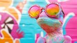 © CrazyJuke - A vibrant chameleon with glasses stands out against a blurred, colorful backdrop, showcasing its unique fashion sense.