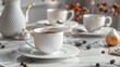 © Sob65 - Steaming coffee in elegant white porcelain cup and saucer on marble table with coffee beans.