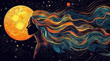 Sticker - Colorful illustration of a woman with flowing hair against a cosmic background featuring a large sun and stars, symbolizing beauty and connection to the universe.