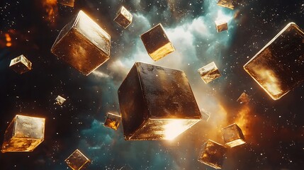 Wall Mural - metallic gold and bronze geometric cubes rotating in space