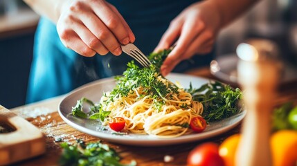 Wall Mural - Hands placing fresh herbs on a pasta plate, garnishing with precision generative ai