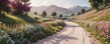 © Kingphet - A tranquil pink and white countryside scene featuring a meandering white road lined with colorful wildflowers and lush greenery , peaceful scenes, pink landscape,