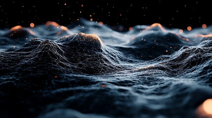Wall Mural - fluid motion soft glowing particles scattering across a dark surface